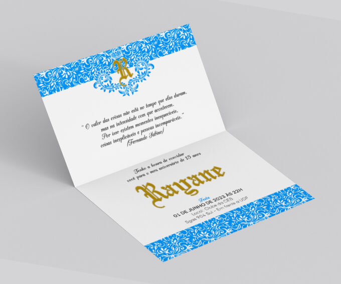 Convite Aniversário 15 Anos Realeza Debutante Azul e Dourado