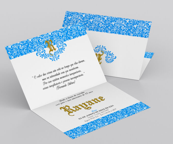 Convite Aniversário 15 Anos Realeza Debutante Azul e Dourado