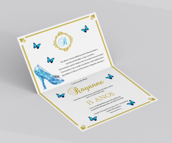 Convite 15 Anos Personalizado Tema Cinderela Borboletas Azul Turquesa e Dourado