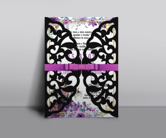 Convite Rendado envelope preto Aniversário15 Anos Menina Princesa Floral Lilás
