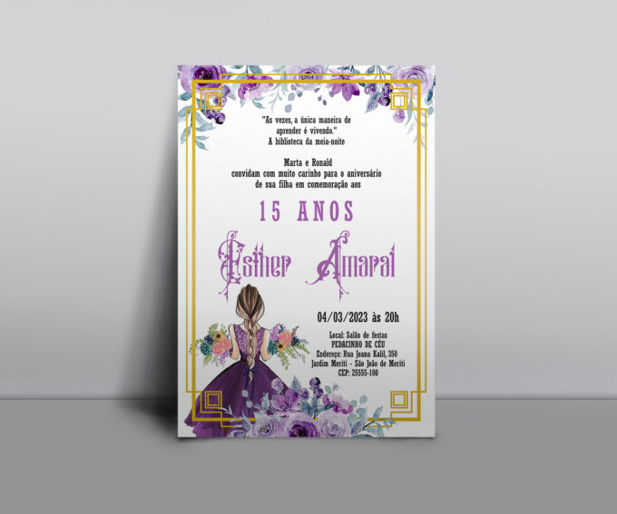 Convite Rendado envelope preto Aniversário15 Anos Menina Princesa Floral Lilás