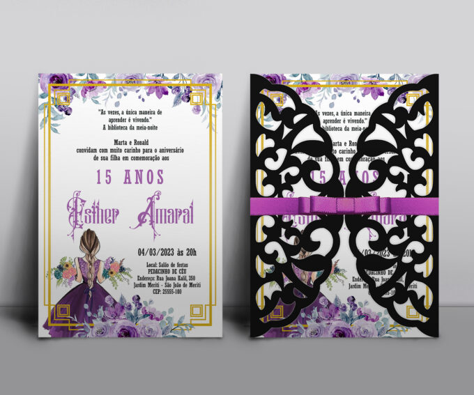 Convite Rendado envelope preto Aniversário15 Anos Menina Princesa Floral Lilás