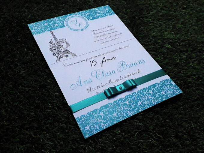 Convite Personalizado Aniversário 15 Anos Azul Tiffany e Preto Torre Eiffel