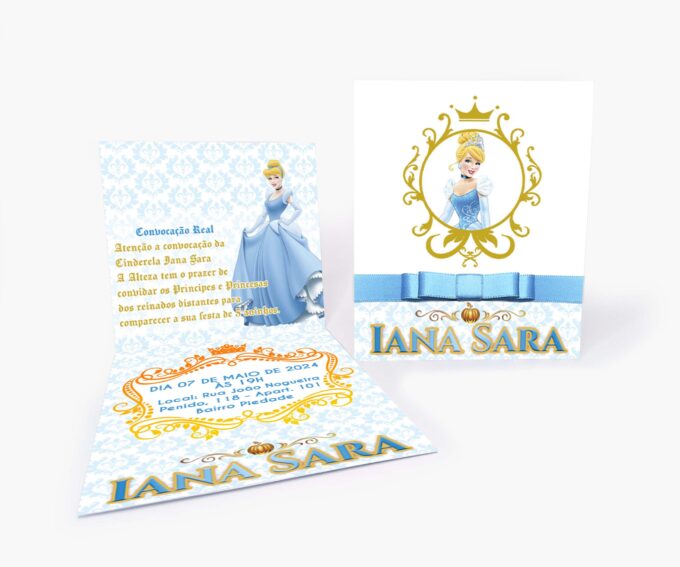 Convite para aniversario Infantil Personalizado Tema Cinderela Azul e Dourado