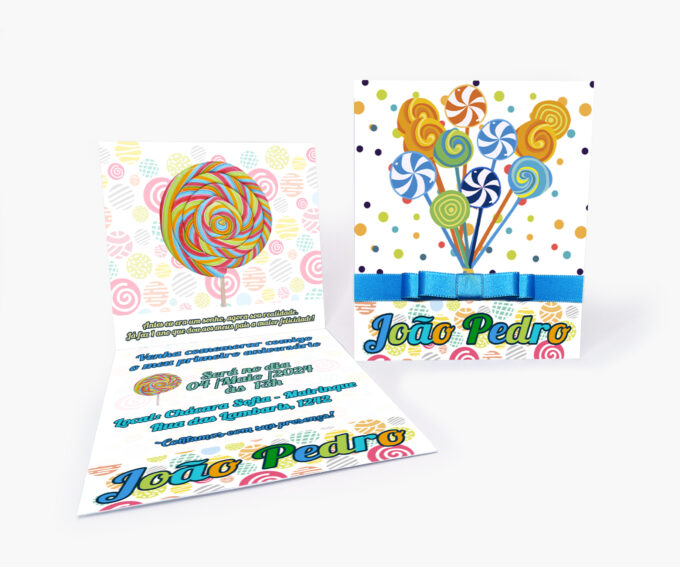 Convite para Aniversário Infantil Personalizado Menino Tema Pirulito Doces