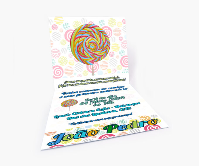 Convite para Aniversário Infantil Personalizado Menino Tema Pirulito Doces
