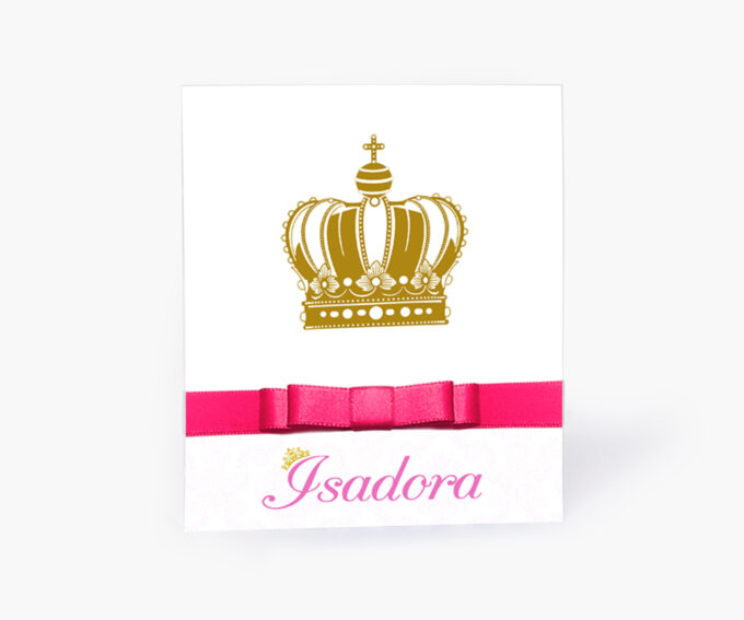 Convite Aniversário Infantil Personalizado Tema Realeza Coroa Rosa e Dourado