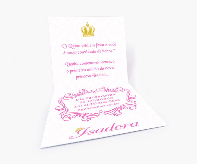 Convite Aniversário Infantil Personalizado Tema Realeza Coroa Rosa e Dourado
