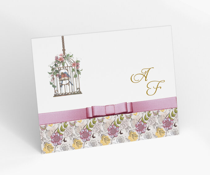 Convite Casamento Floral Passarinho Gaiola Rosê e Dourado Floral