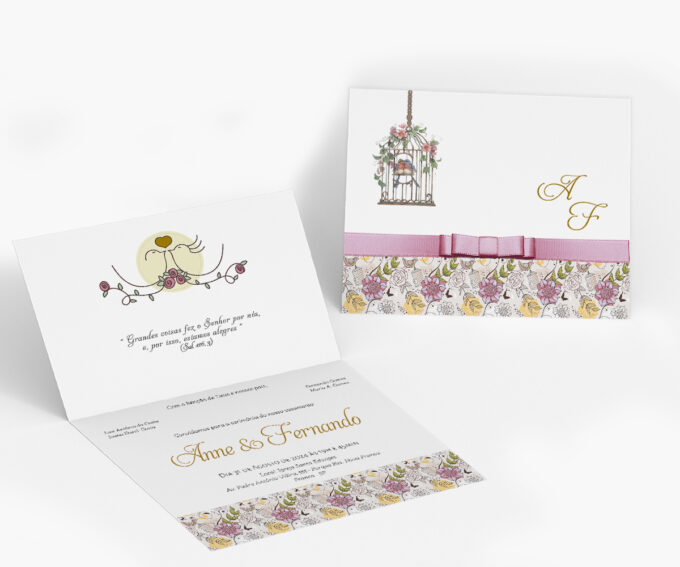 Convite Casamento Floral Passarinho Gaiola Rosê e Dourado Floral