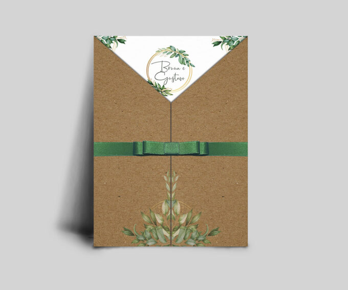 Convite Casamento Folhas Verde Envelope Kraft Rústico Personalizado