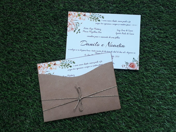 Convite de Casamento Rústico Com Envelope Floral Salmão