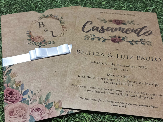 Convite Rústico Casamento Envelope Floral Personalizado Kraft e Branco