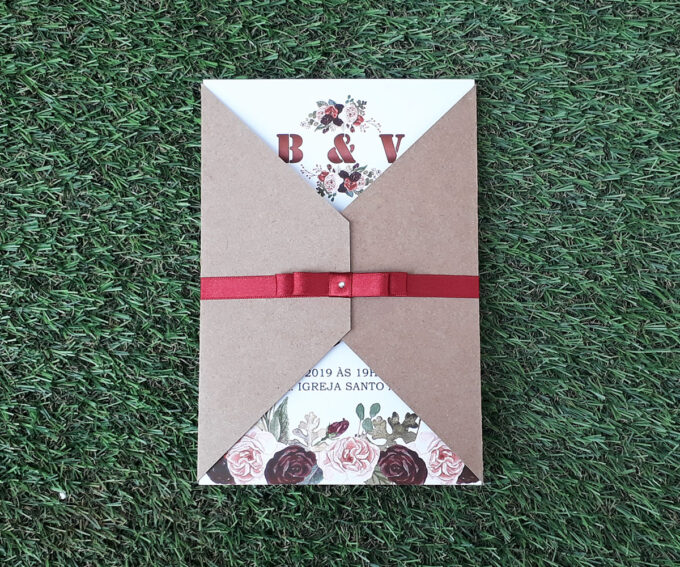 Convite Rústico com Envelope Casamento Floral Marsala