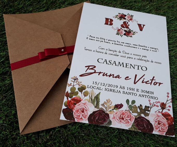 Convite Rústico com Envelope Casamento Floral Marsala