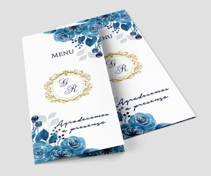Menu Cardápio de Mesa Floral Casamento Azul e Dourado