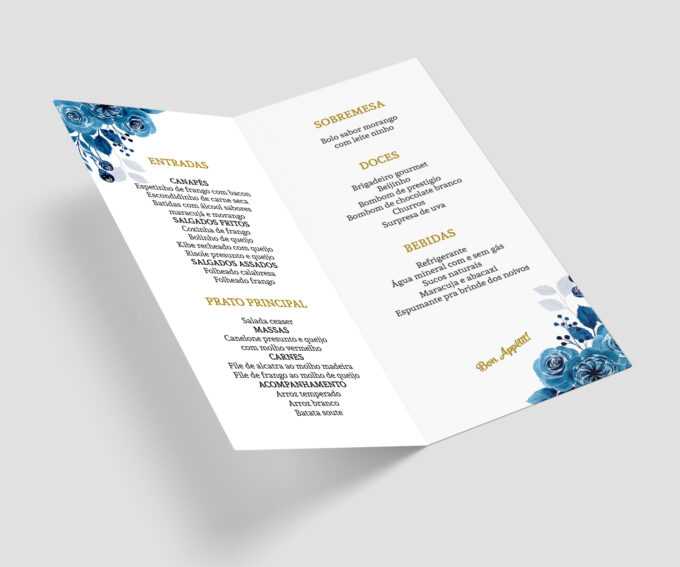 Menu Cardápio de Mesa Floral Casamento Azul e Dourado