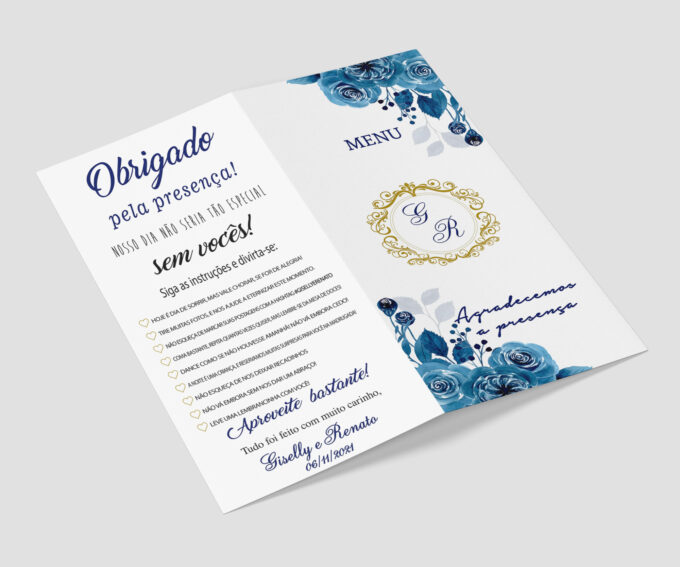 Menu Cardápio de Mesa Floral Casamento Azul e Dourado