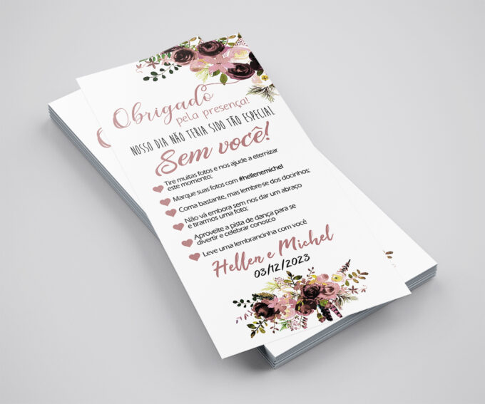 Agradecimento de Mesa Casamento Floral Marsala Rosê