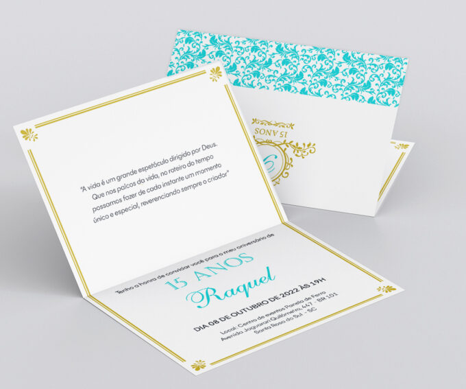 Convite para Debutante 15 Anos Personalizado Azul Tiffany e Dourado