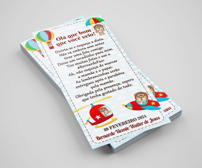 Agradecimento de Mesa Infantil Tema Ursinho Aviador Personalizado