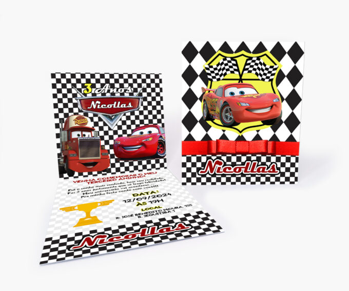 Convite Infantil Personalizado Preto e Vermelho Carros Corrida Troféu