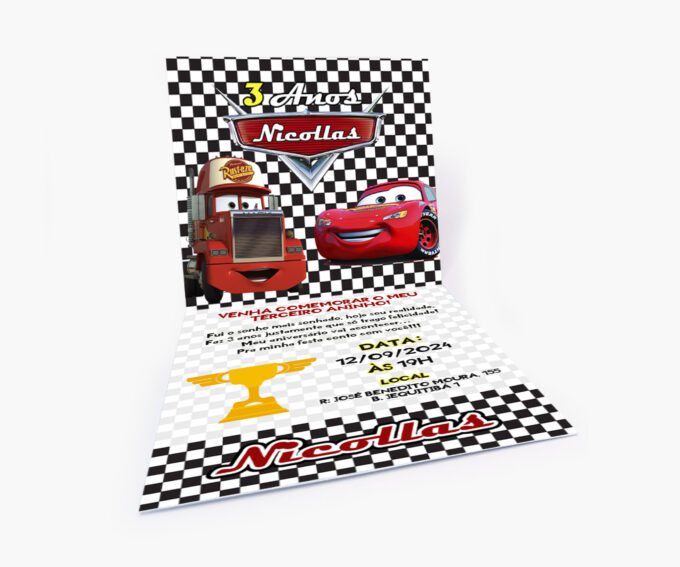 Convite Infantil Personalizado Preto e Vermelho Carros Corrida Troféu