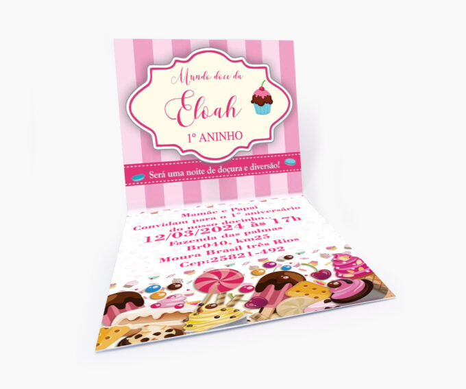 Convite para aniversário Infantil Personalizado Menina Doceria Confeitaria