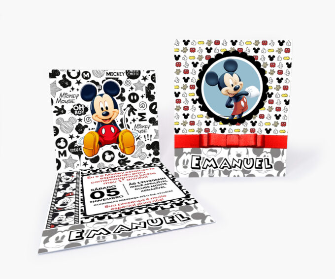 Convite Infantil Aniversário 1 Aninho Tema Mickey Mouse Preto e Vermelho