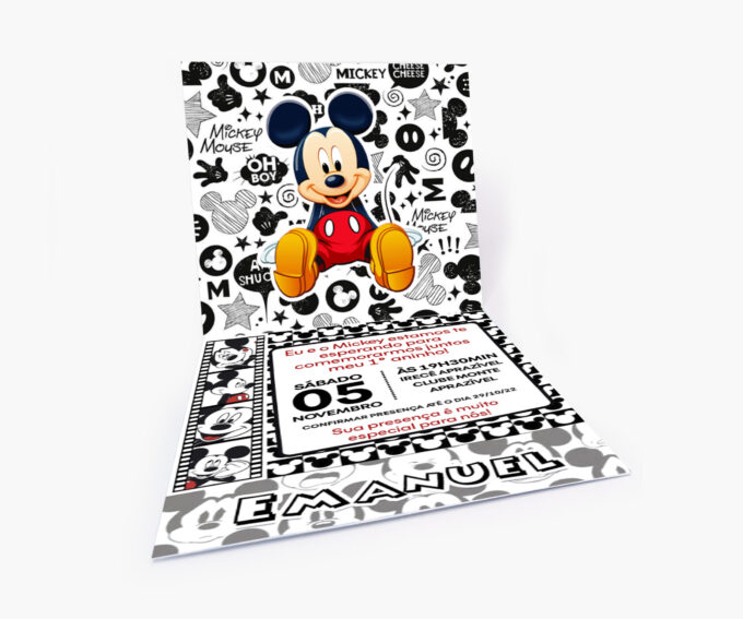 Convite Infantil Aniversário 1 Aninho Tema Mickey Mouse Preto e Vermelho