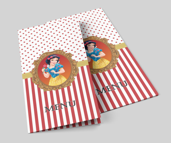 Menu Cardápio de Mesa Aniversário Infantil Branca de Neve Personalizados