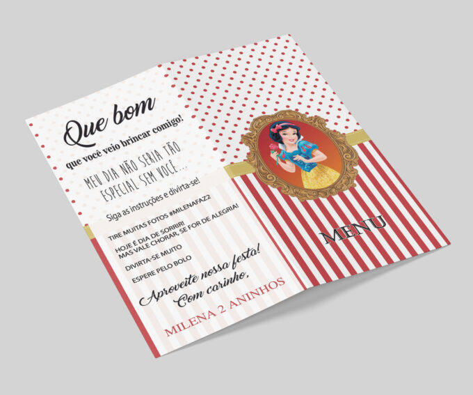 Menu Cardápio de Mesa Aniversário Infantil Branca de Neve Personalizados