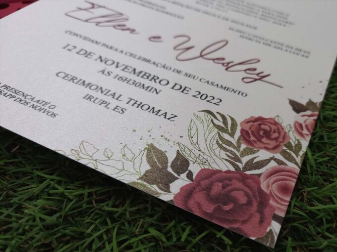 Convite Casamento Envelope Rendado Marsala Interno Papel Aspen Metalizado Brilhante