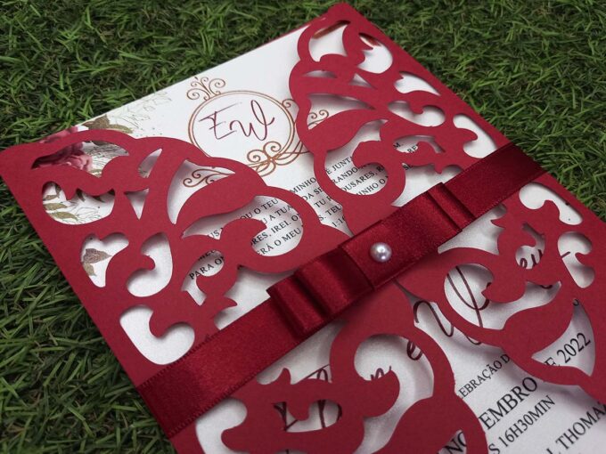 Convite Casamento Envelope Rendado Marsala Interno Papel Aspen Metalizado Brilhante