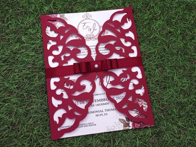 Convite Casamento Envelope Rendado Marsala Interno Papel Aspen Metalizado Brilhante