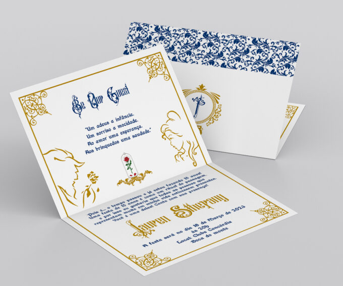 Convite Clean Personalizado Aniversário 15 Anos A Bela e a Fera Realeza Azul e Dourado