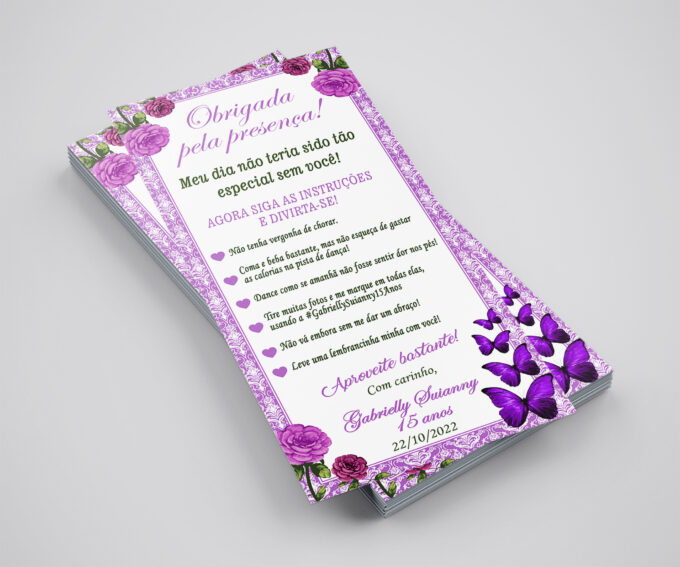 Agradecimento de Mesa para Aniversário Floral Roxo Borboletas