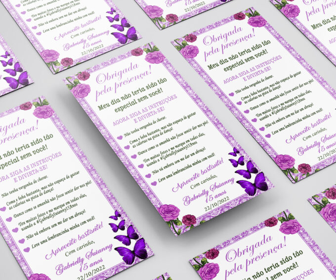 Agradecimento de Mesa para Aniversário Floral Roxo Borboletas