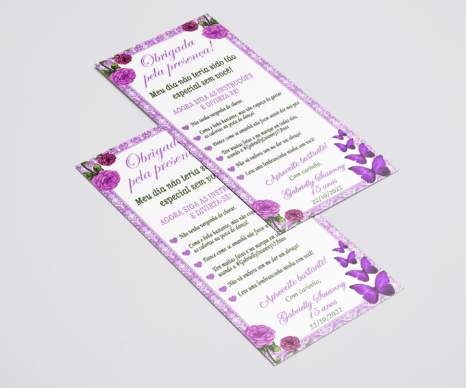Agradecimento de Mesa para Aniversário Floral Roxo Borboletas