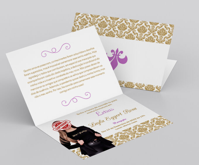 Convite Com Foto Para Formatura em Letras Dourado e Lilás