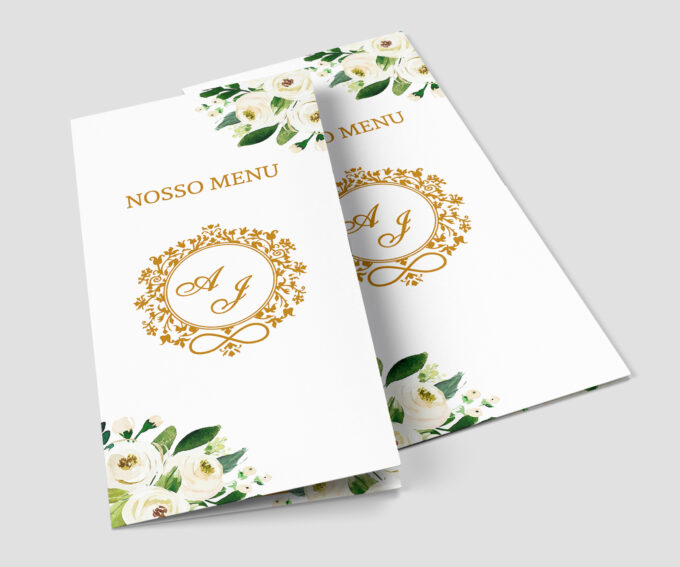 Menu Cardápio de Mesa Casamento Festa Verde e Dourado
