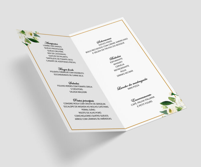 Menu Cardápio de Mesa Casamento Festa Verde e Dourado