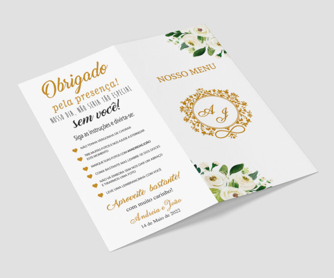 Menu Cardápio de Mesa Casamento Festa Verde e Dourado