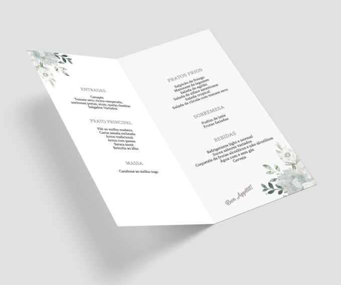 Menu Cardápio de Mesa para Casamento Floral Prata