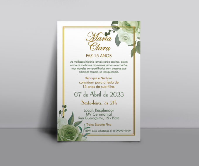 Convite Rendado para Aniversário de 15 Anos Floral Verde