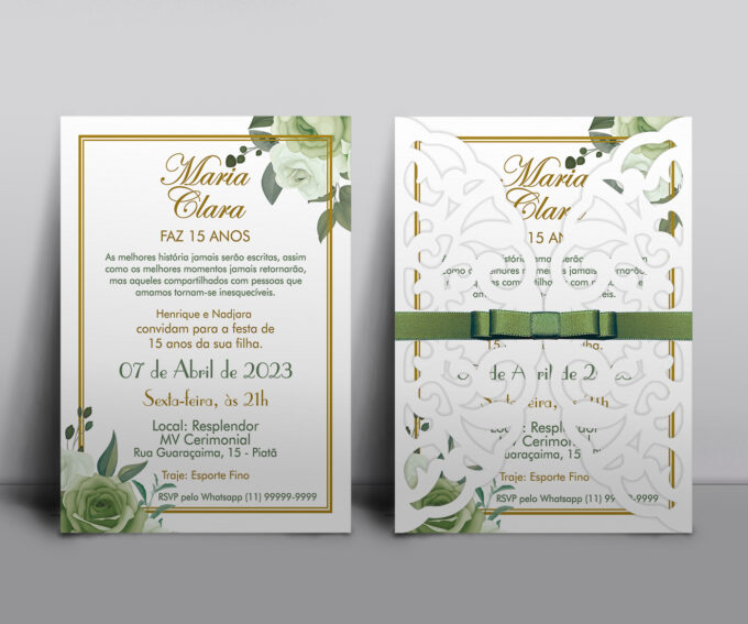Convite Rendado para Aniversário de 15 Anos Floral Verde