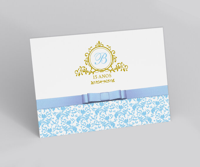 Convite para aniversário Debutante 15 anos Azul Serenity e Dourado
