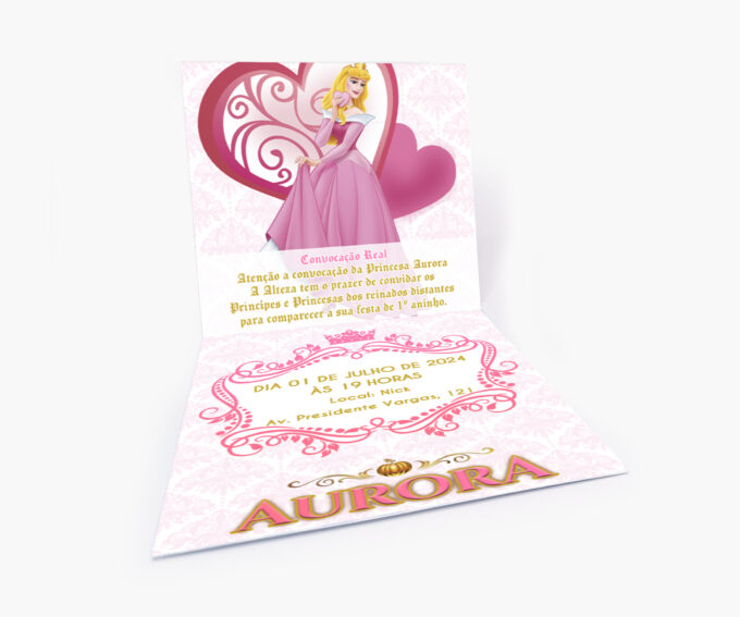 Convite Aniversário Infantil 1 Aninho Tema Princesa Aurora Rosê e Dourado