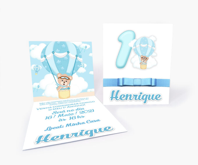 Convite Infantil Aniversário Tema Balão Ursinho Baloeiro Azul Bebê