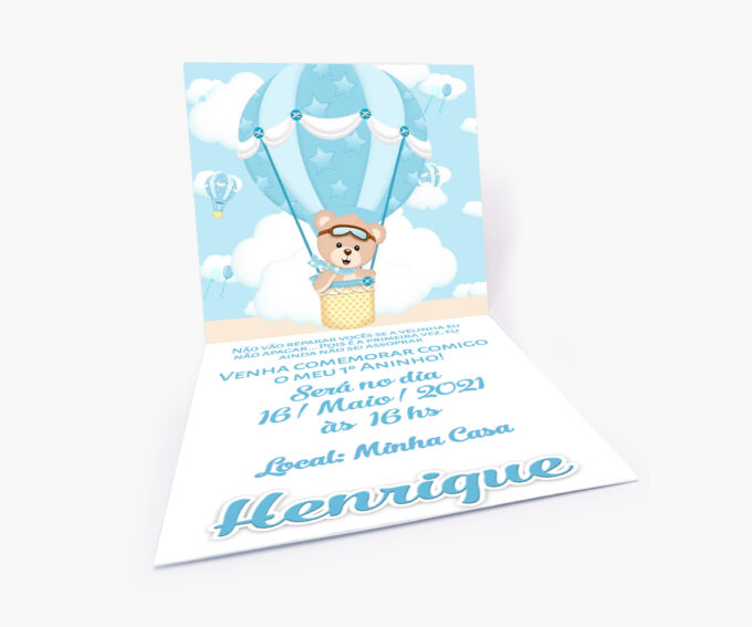 Convite Infantil Aniversário Tema Balão Ursinho Baloeiro Azul Bebê